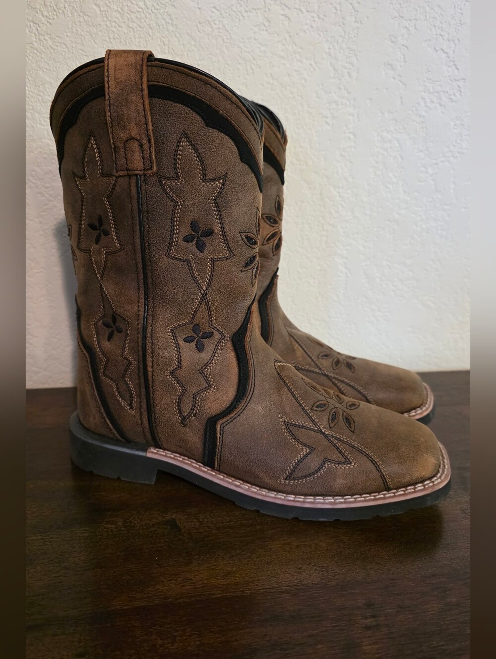 Dan Post Posy Black Glitter Square Toe Brown Leather Cowgirl Boots Youth Girls 5